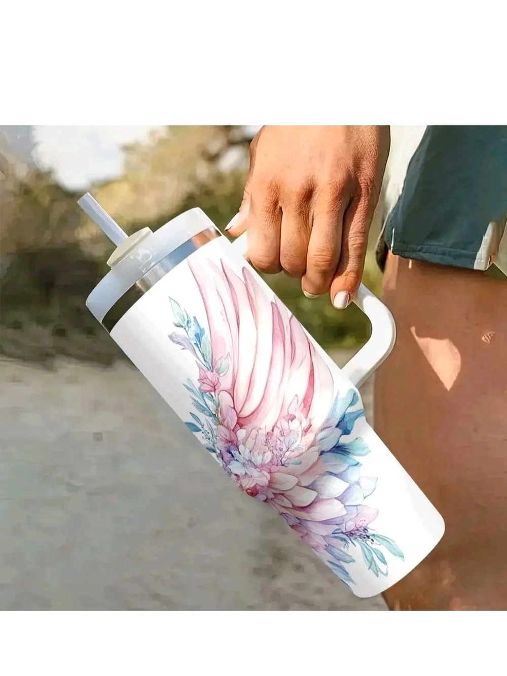 40 Oz. Angel Wings Stainless Steel Tumbler W/Side Handle In  Delicate Pastels.